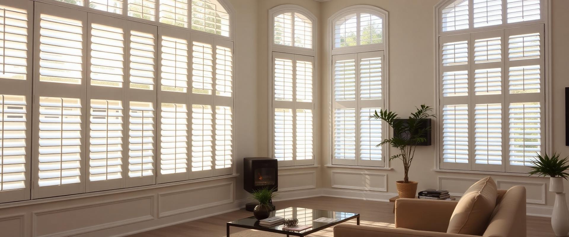 Elegant living room with professionally installed white plantation shutters